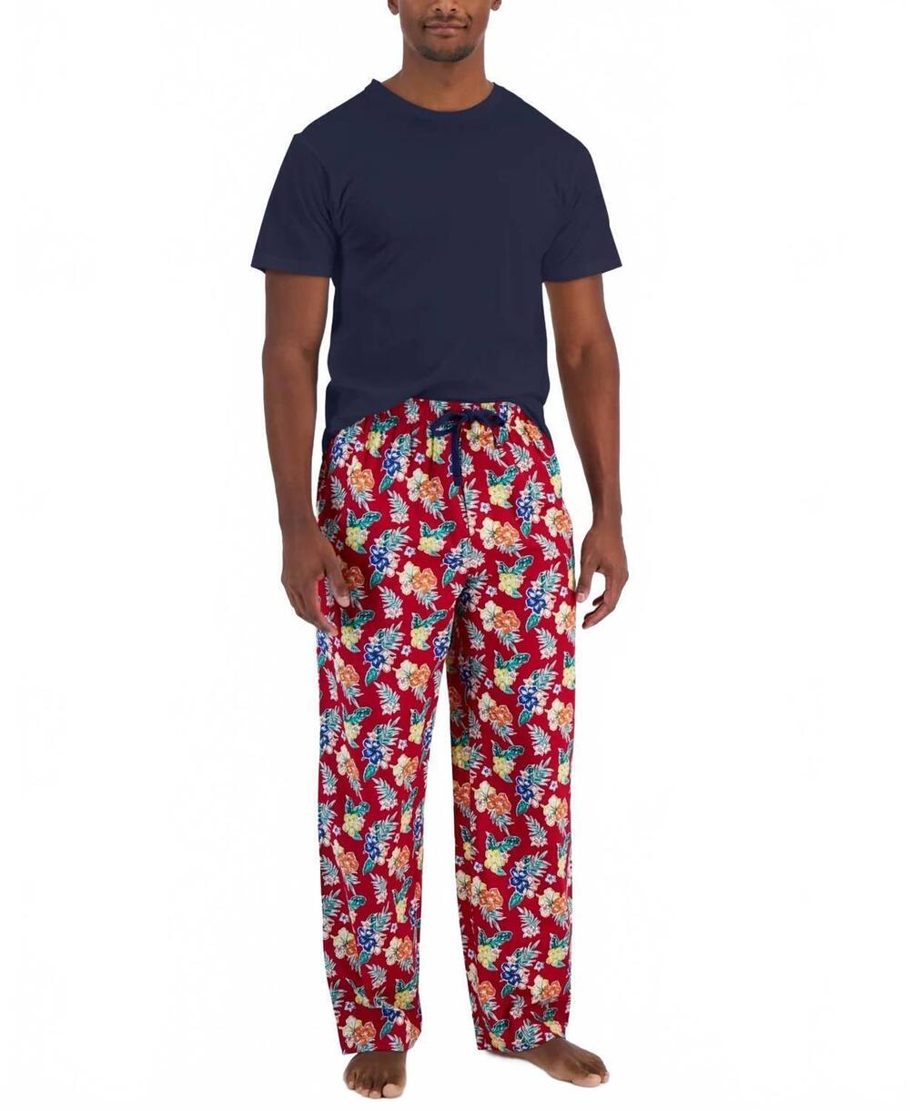 NEW CLUB ROOM solid top and tropical pants pajama set in jester red